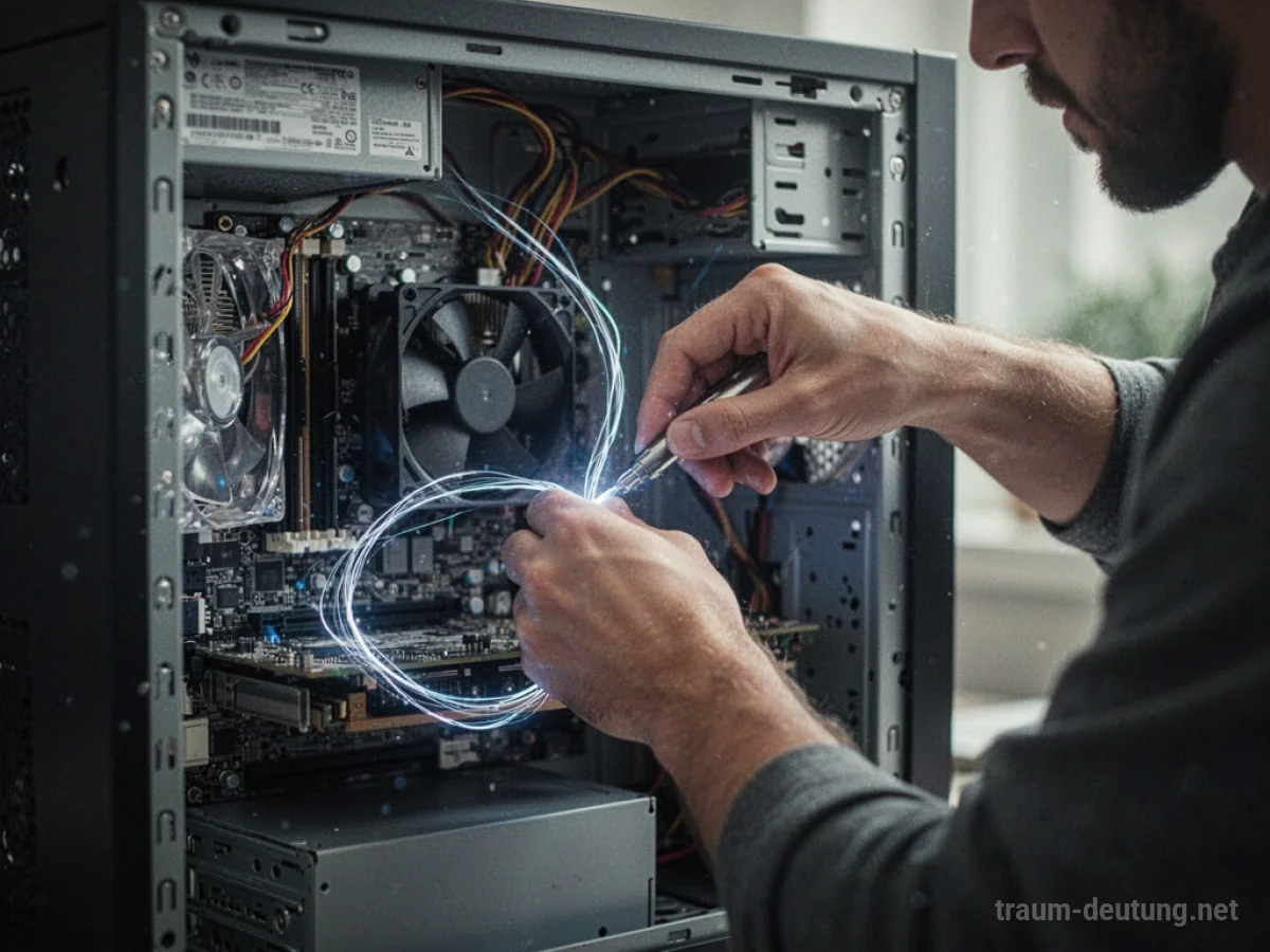 Hände reparieren die inneren Teile eines Computers.