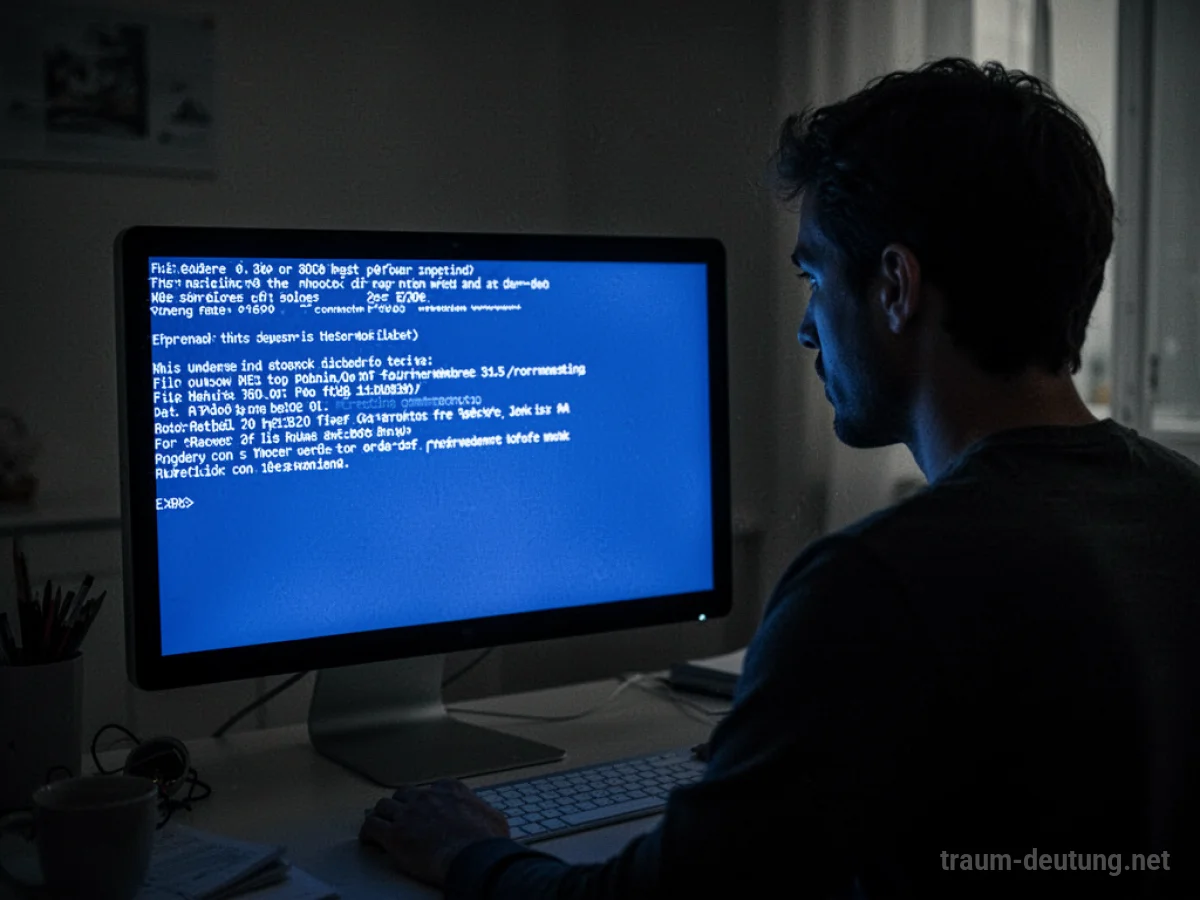 Ein Computerbildschirm mit einer Fehlermeldung inmitten eines dunklen Raumes.