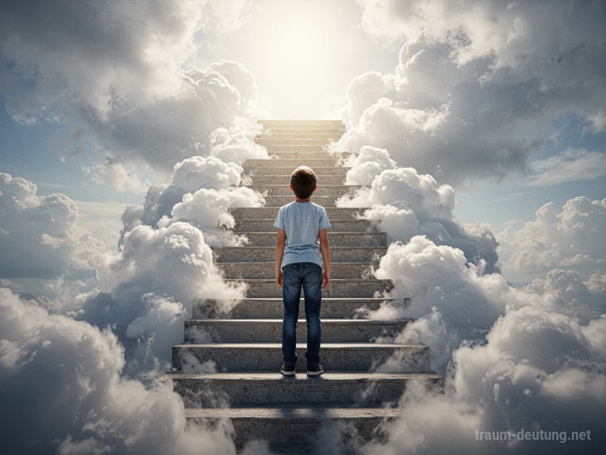 Person steigt eine Treppe aus Wolken zum Licht empor, symbolisch für eine Beförderung im Traum.