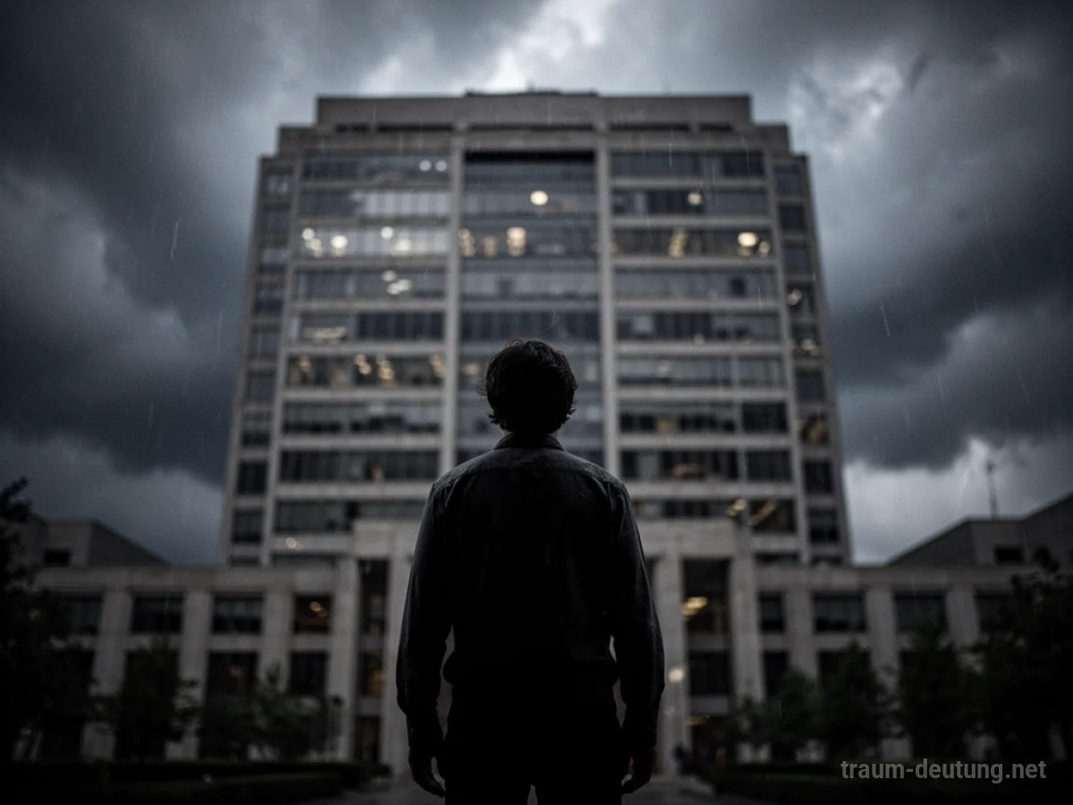 Silhouettenfigur steht vor imposantem Bürogebäude bei Sturm.