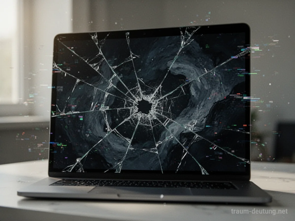 Zerbrochener Computerbildschirm mit Rissen und Glitch-Effekten.