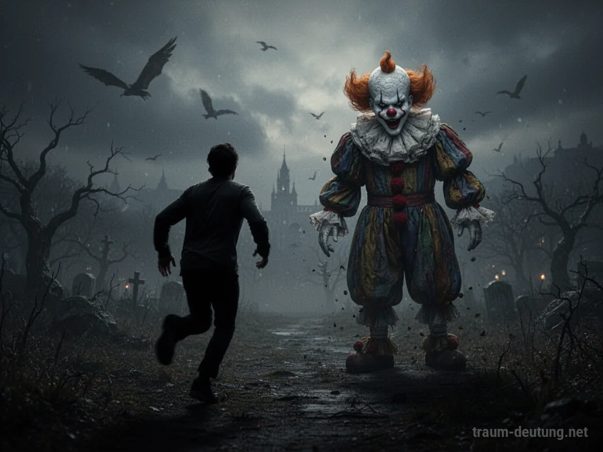 Silhouette einer Person, die vor einem bedrohlichen Clown flieht