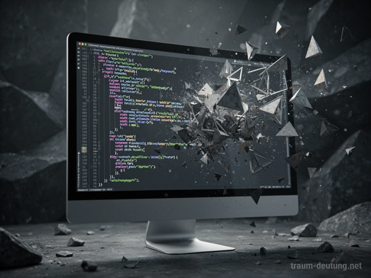 Stilisierte Darstellung eines Computers, dessen Bildschirm in abstrakten Fragmenten zerfällt.