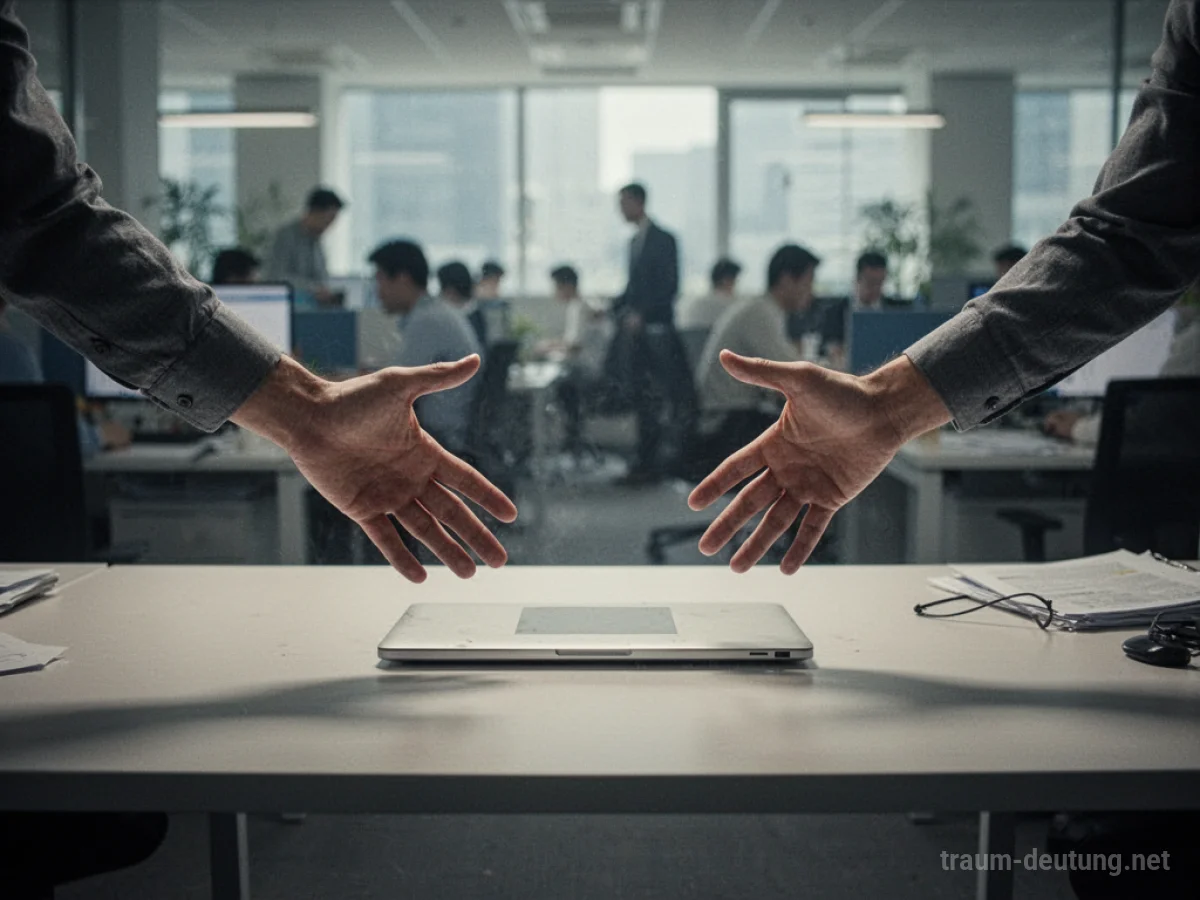Leerer Schreibtisch mit Handschuhen, die nach einem fehlenden Laptop greifen