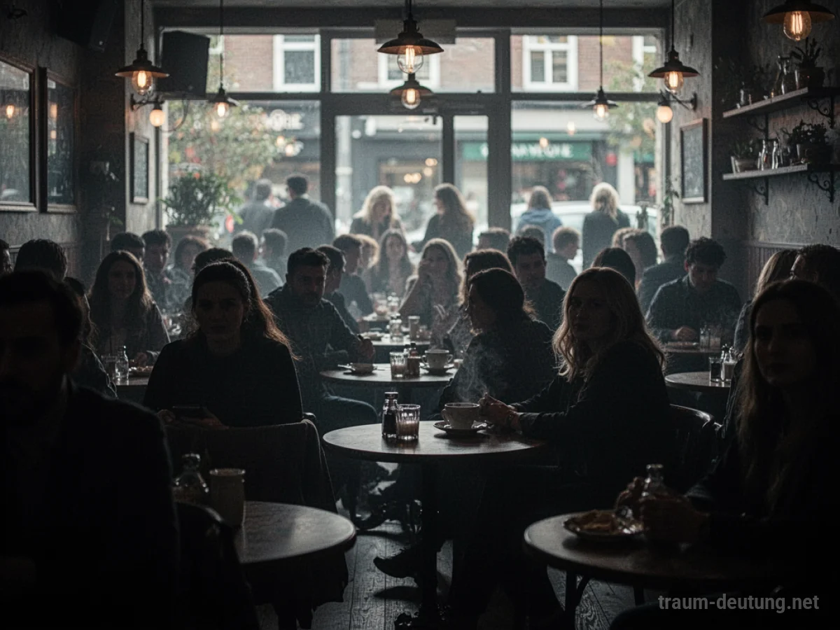 Ein überfülltes Café mit vielen anonymen Personen an Tischen im Halbdunkel.