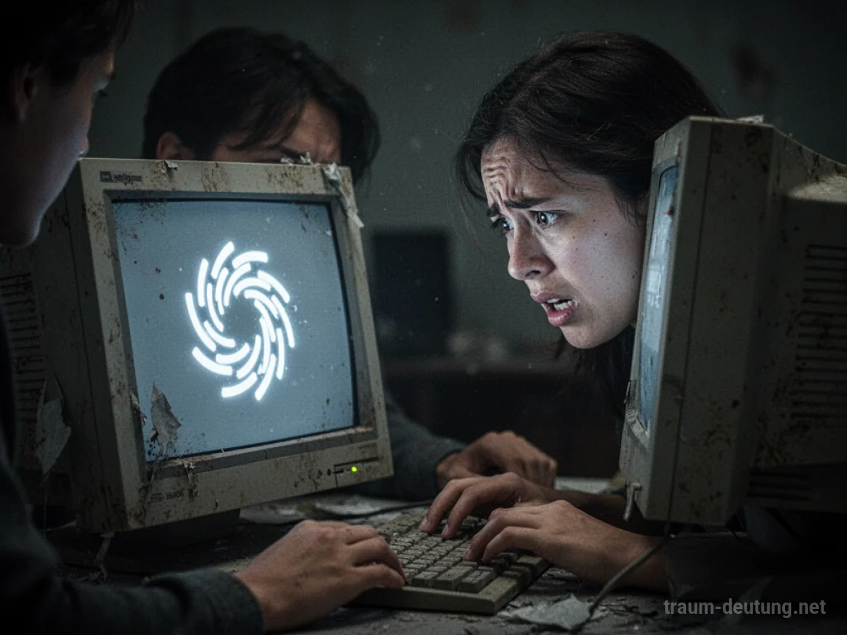 Eine Person blickt frustriert auf einen langsamen Computerbildschirm mit Ladeanzeige.