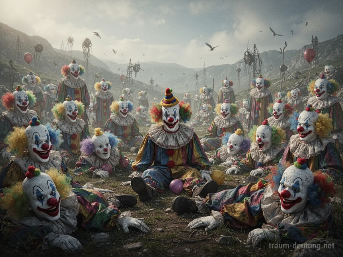 Viele Clowns in einer unwirklichen Landschaft, manche lächelnd, manche ernst.