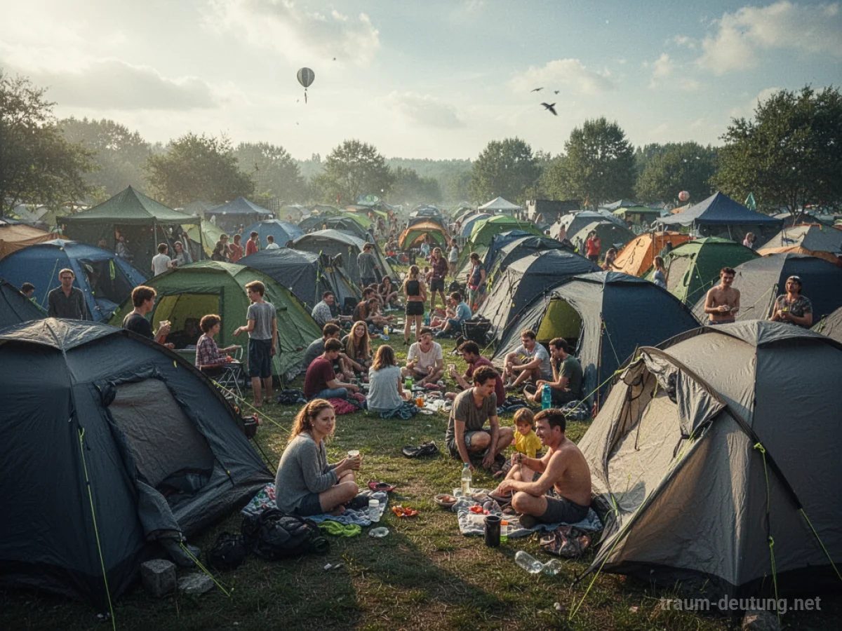 Ein überfüllter Campingplatz mit vielen Zelten und Menschen, die dicht beieinander stehen.
