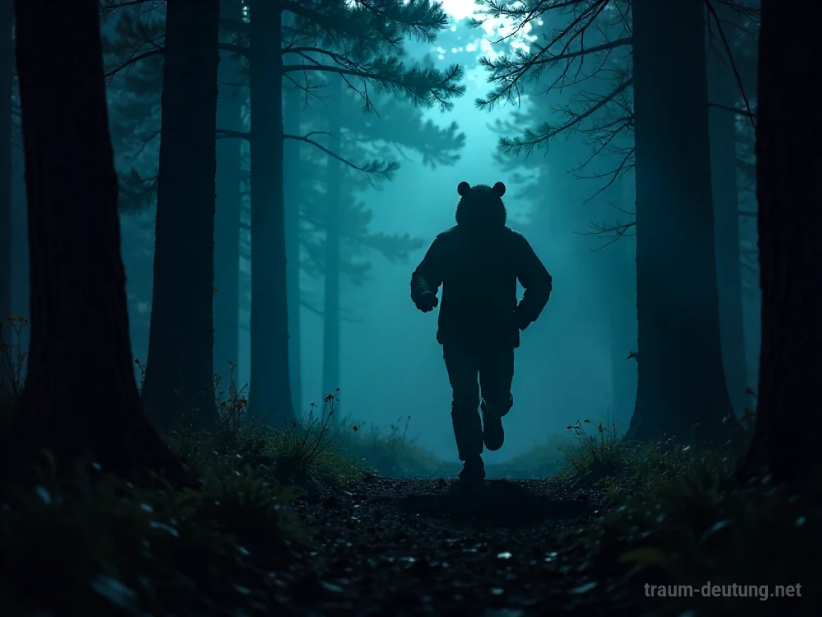 Silhouette einer Person rennt vor einem schemenhaften Bären im dunklen Wald davon.