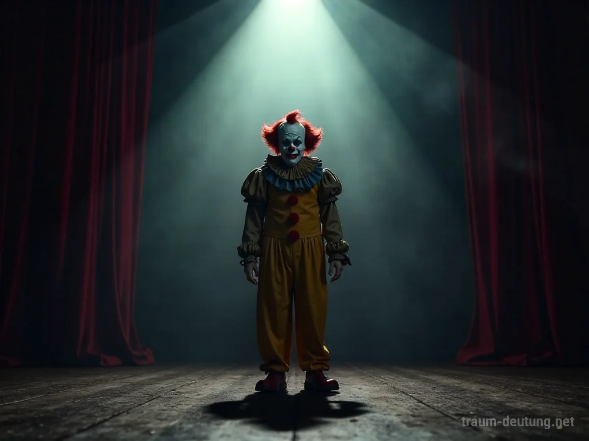 Weinender Clown steht allein unter einem schwachen Scheinwerferlicht.