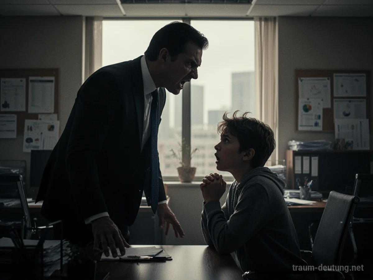 Silhouette eines wütenden Chefs über einer kleineren Figur in einem Büro