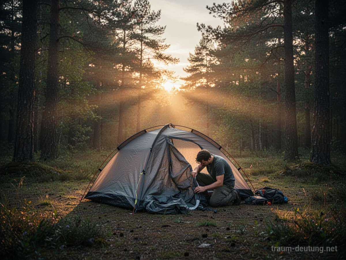 Ein Zelt wird bei Sonnenaufgang in einem Wald abgebaut.