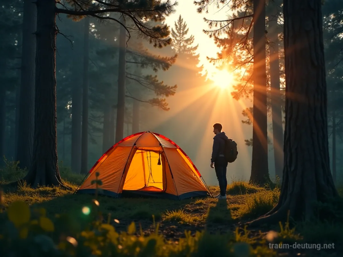 Person baut ein Zelt in einem sonnigen Wald auf