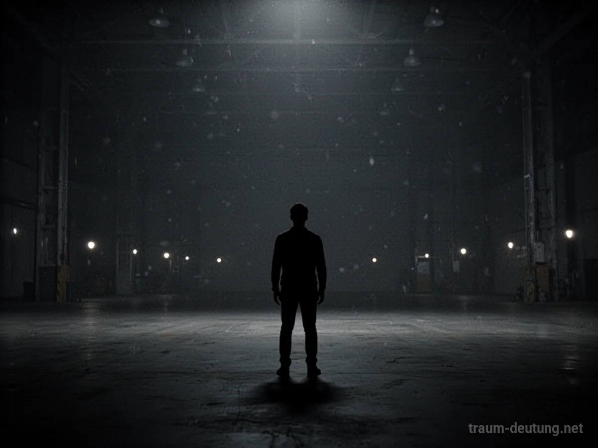 Silhouettenhafte Figur in einem dunklen Raum, Lichtpunkte in der Ferne.