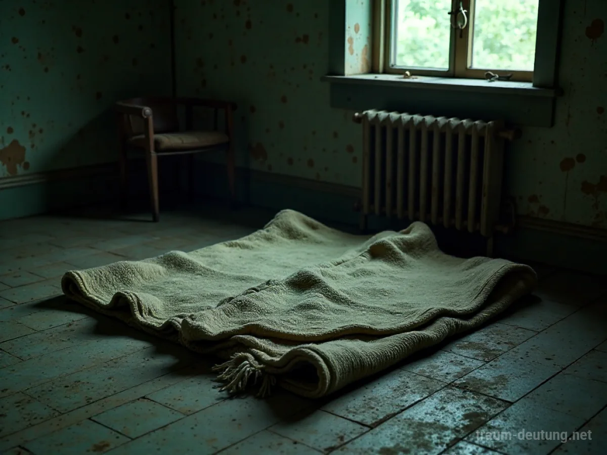 Alte, schmutzige Decke liegt auf staubigem Boden in einem dunklen Raum.
