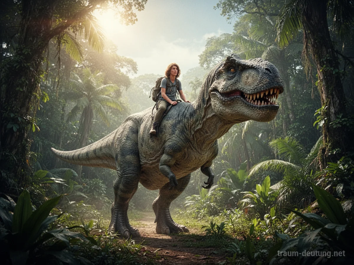 Eine Person reitet auf einem großen Dinosaurier durch eine grüne Urzeitlandschaft.