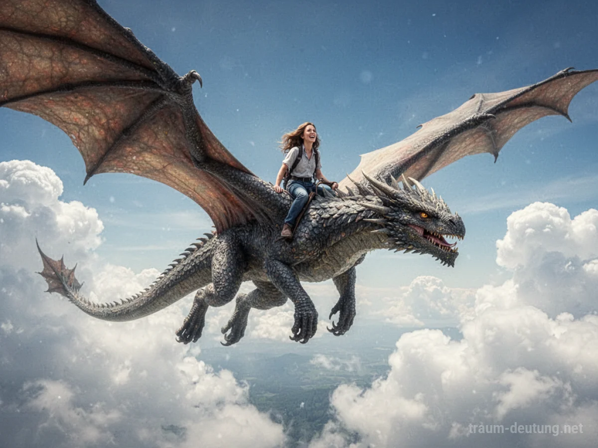 Person reitet auf einem großen Drachen durch den Himmel.