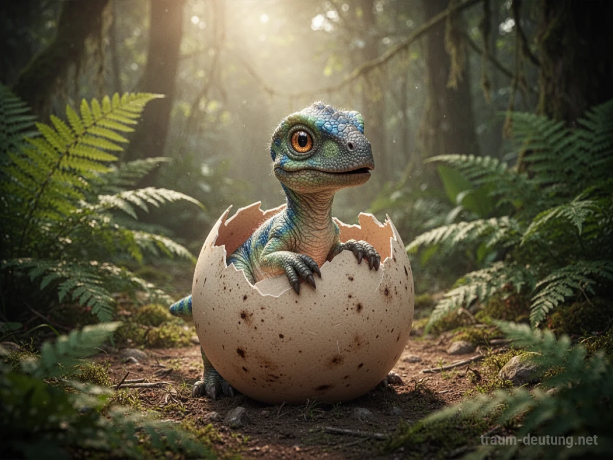 Ein niedlicher Baby-Dinosaurier schlüpft aus seinem Ei im Dschungel.
