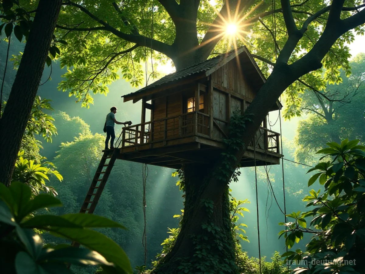 Eine Person baut ein Baumhaus im dichten Dschungel