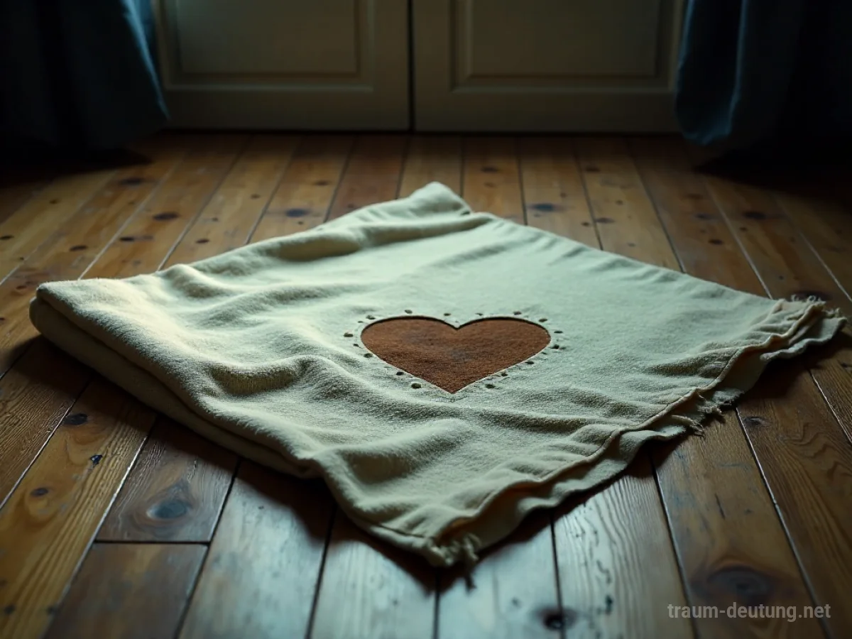 Zerfetzte Decke mit dunklem Fleck auf Holzboden