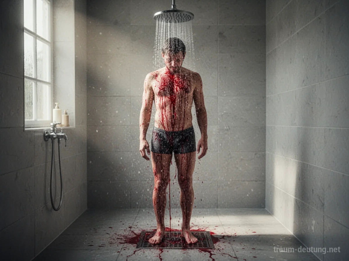 Symbolische Darstellung von Blut, das unter einer Dusche abläuft.