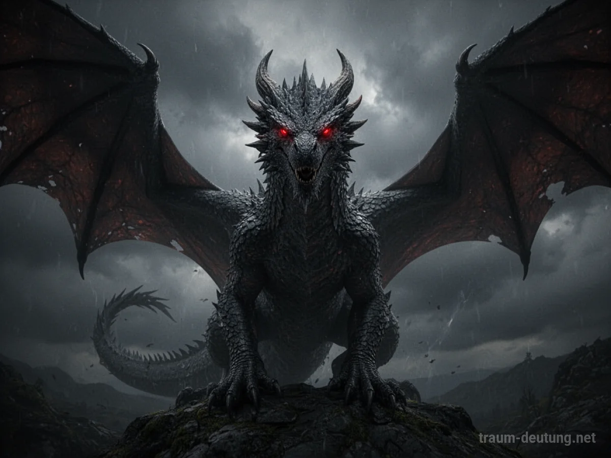 Silhouette eines bösen Drachen vor einem stürmischen Himmel