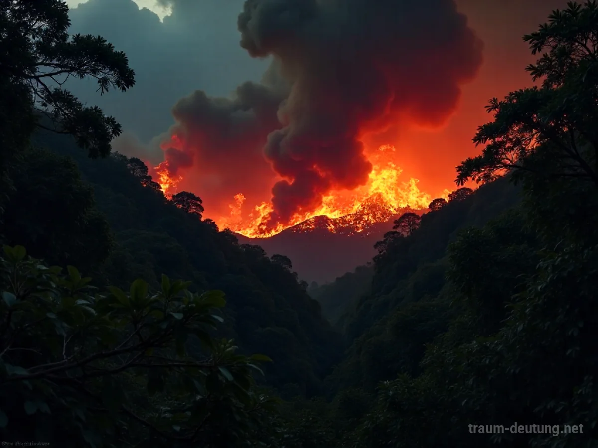 Ein dichter Dschungel steht in Flammen unter einem dunklen Himmel.
