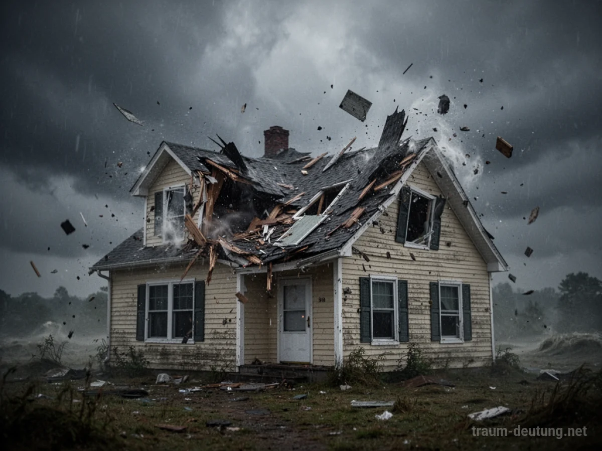 Haus mit Dach, das von starkem Wind weggeweht wird
