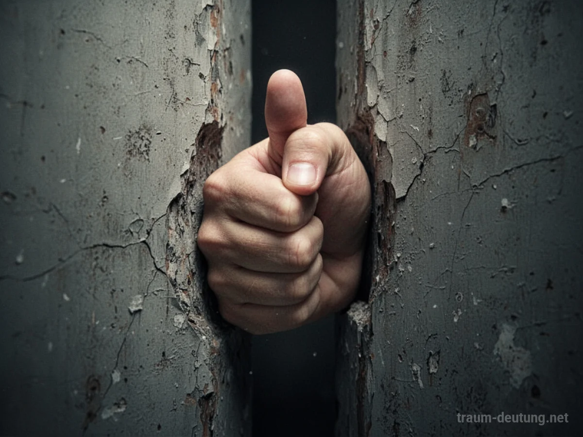 Hand mit Daumen, der in einer Wand feststeckt