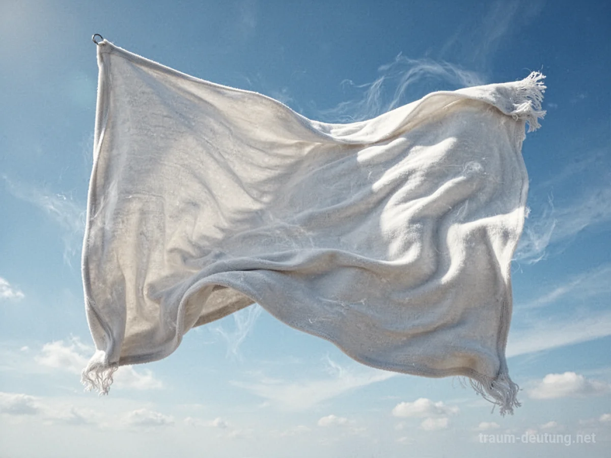 Eine weiße Decke weht und flattert im Wind vor einem blauen Himmel.