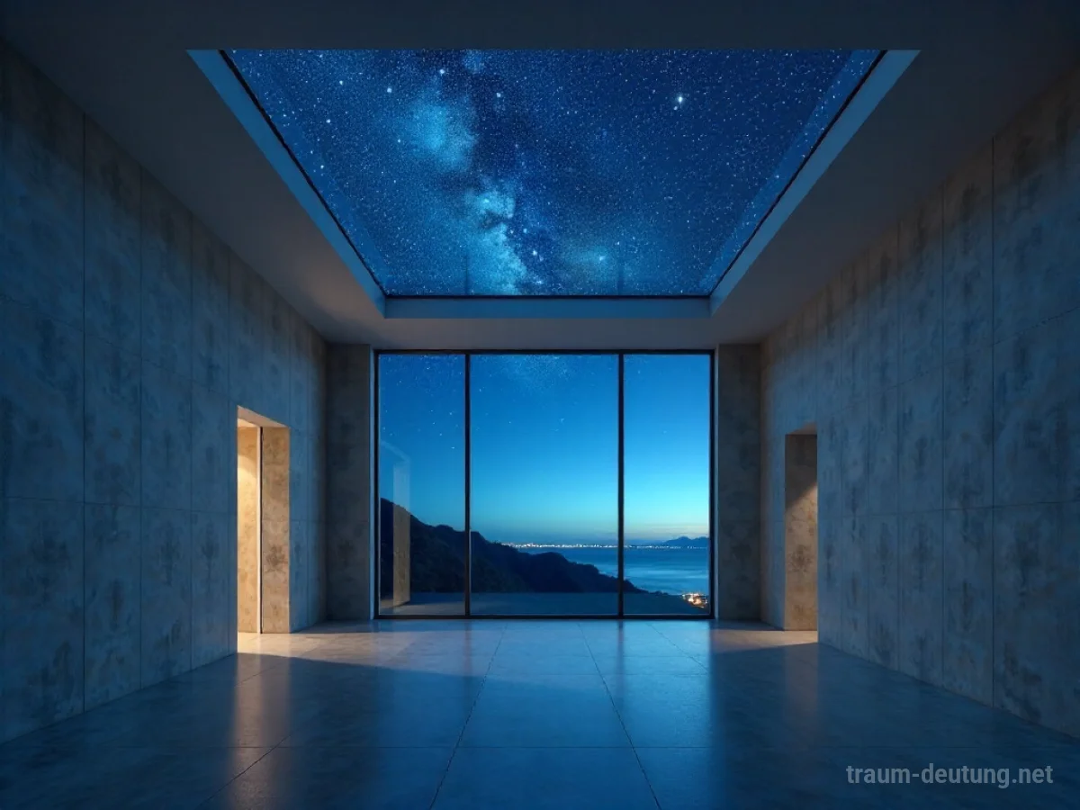 Ein Raum mit einer durchsichtigen Decke, durch die ein Sternenhimmel sichtbar ist.