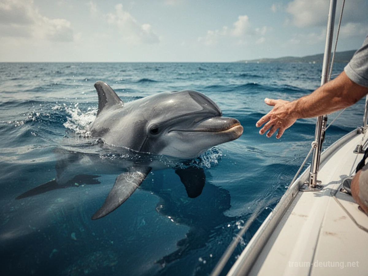 Ein freundlicher Delfin schwimmt neben einem Boot, eine Hand reicht ihm entgegen.