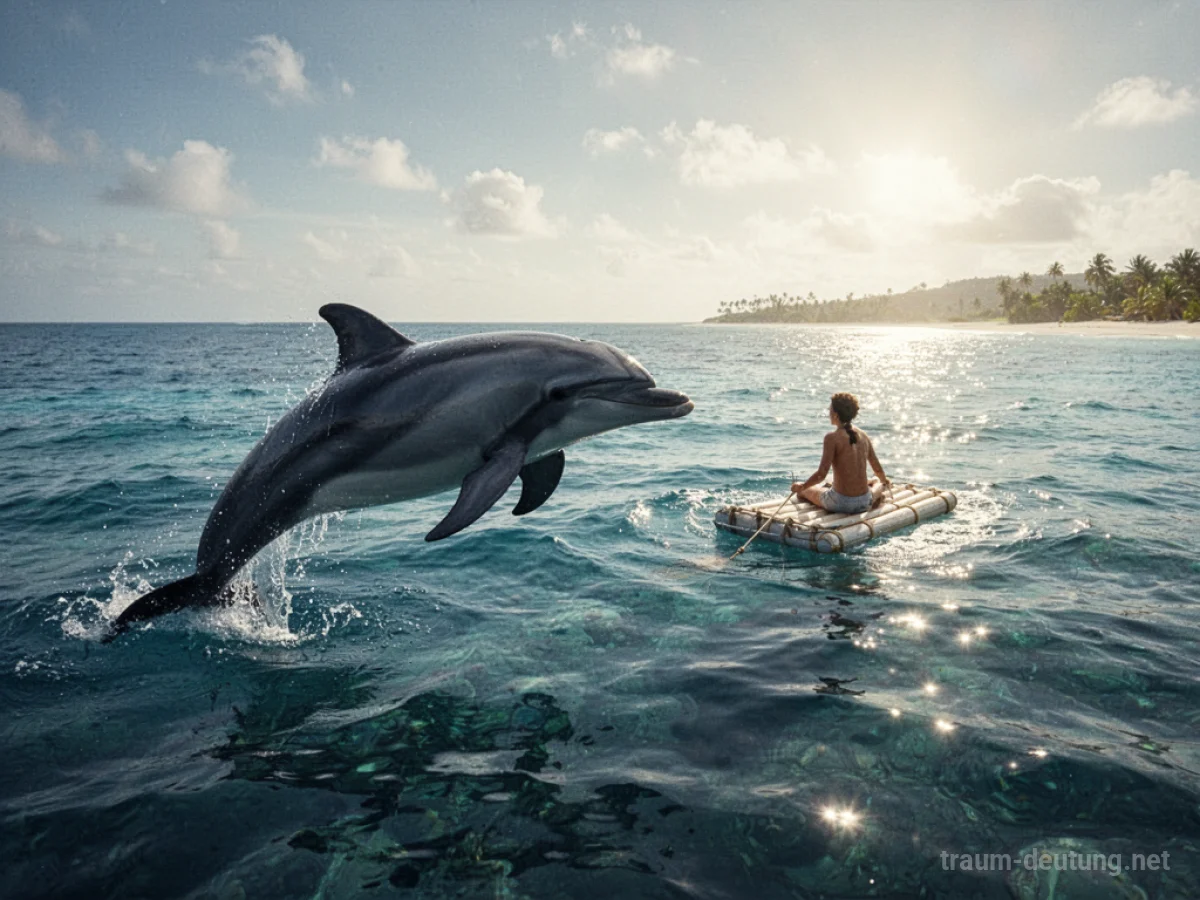 Delfin schwimmt neben einem Floß und zeigt den Weg zum Ufer