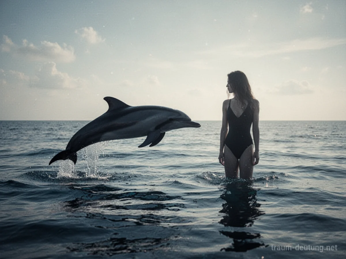 Ein Delfin schwimmt neben einer menschlichen Silhouette im Meer.