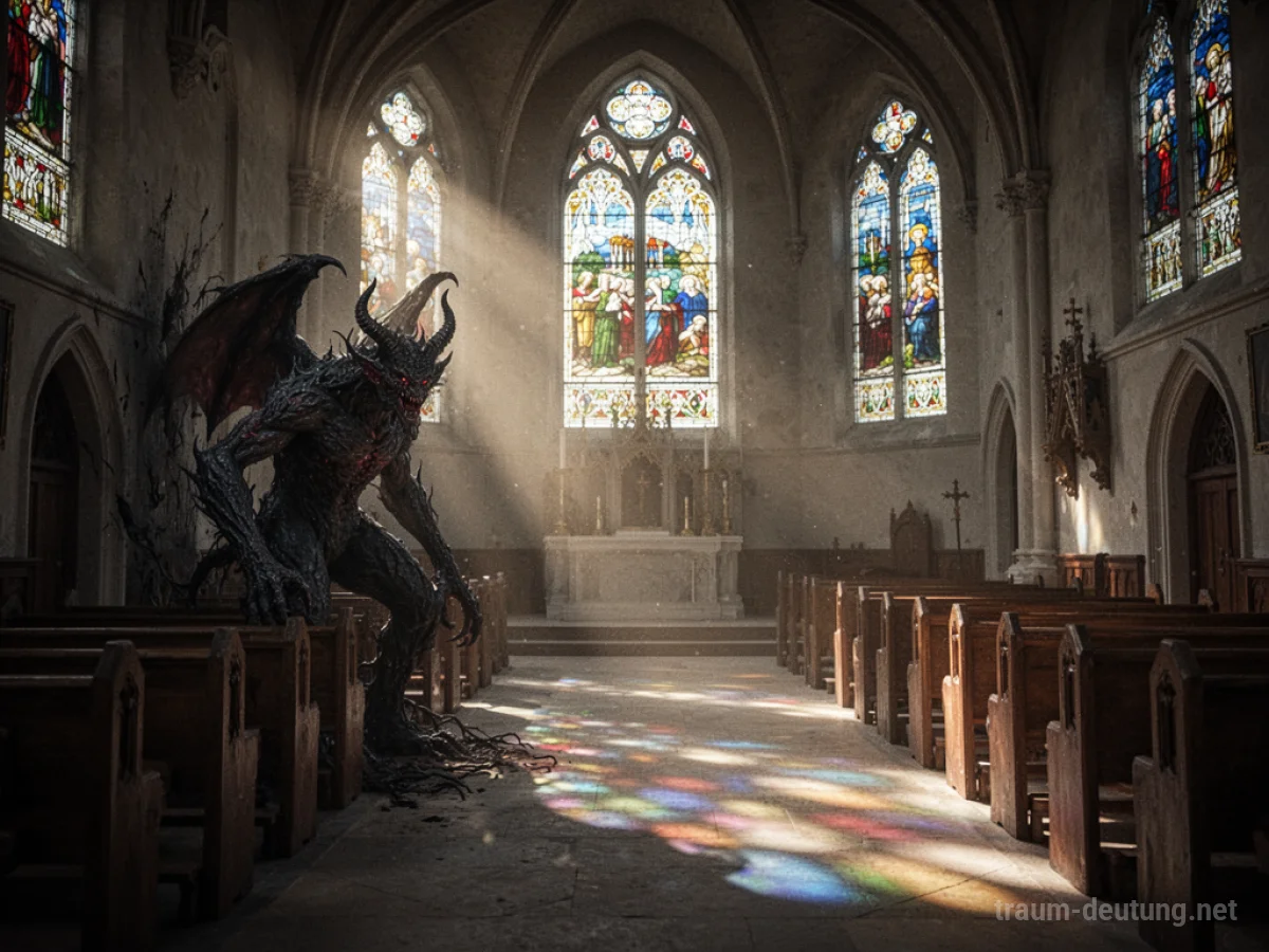 Schattenhafte dämonische Gestalt in einer leeren Kirche