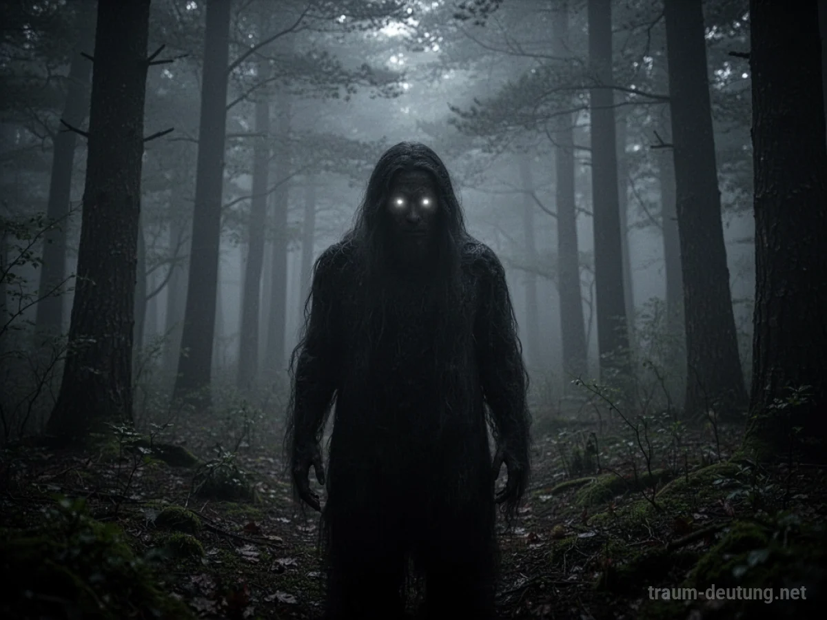 Ein schemenhafter Dämon mit leuchtenden Augen in einem nebligen Wald