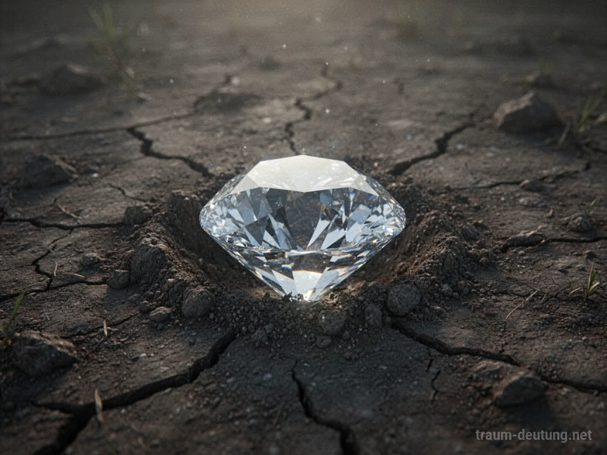 Ein Diamant wird teilweise in trockene Erde vergraben, nur ein kleiner Teil scheint hervor.