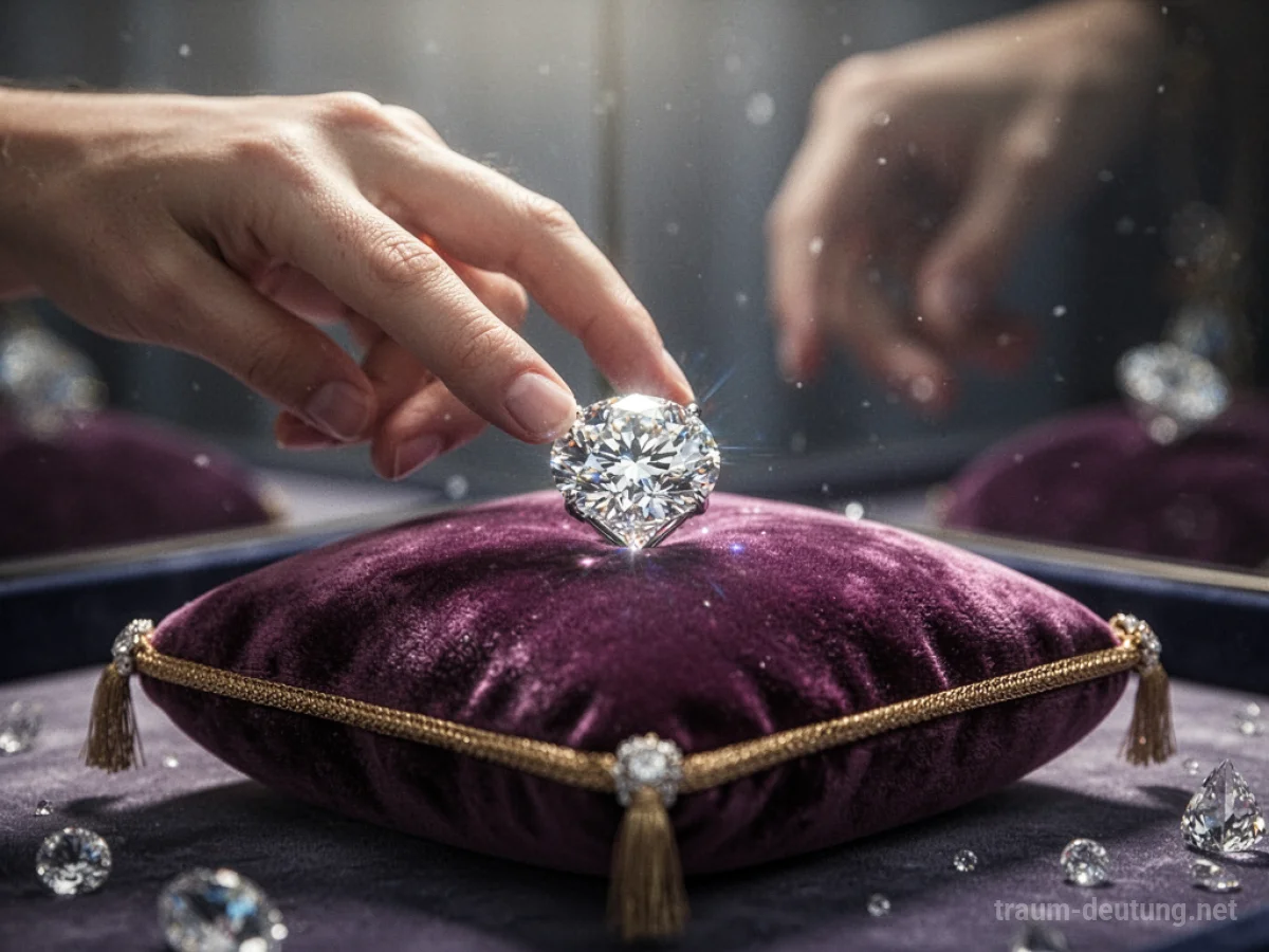 Hand wählt einen funkelnden Diamanten aus einer Samtunterlage.