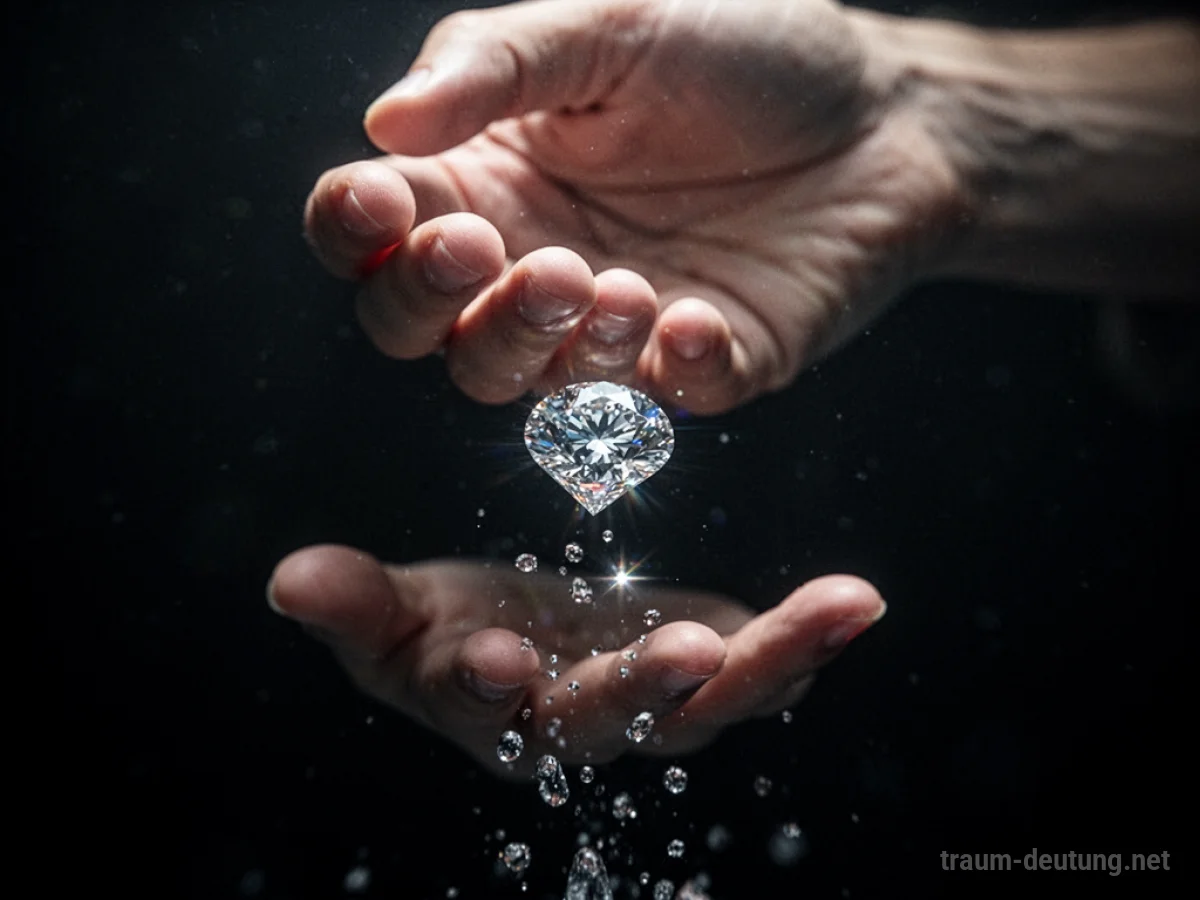 Ein einzelner, funkelnder Diamant fällt aus einer offenen Hand in die Dunkelheit.
