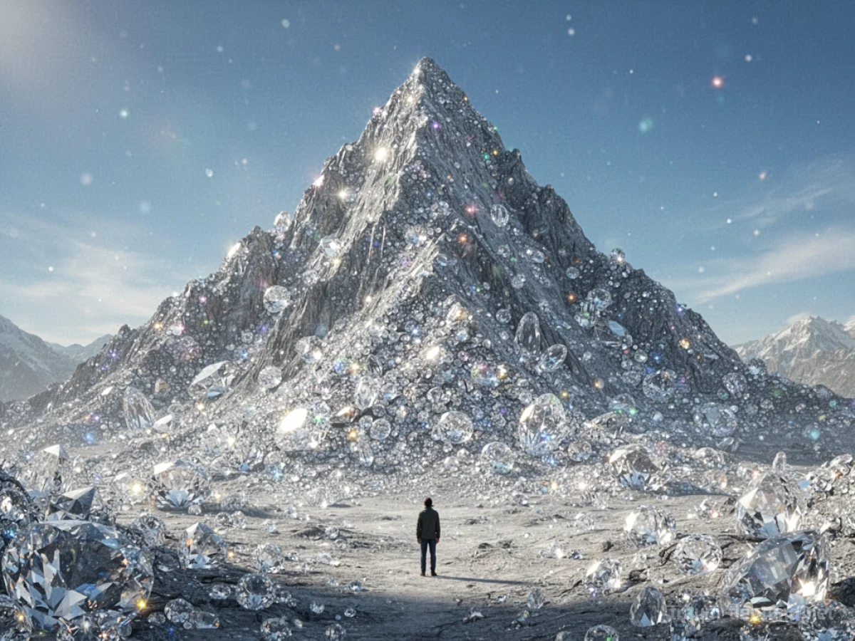 Ein Berg aus glitzernden Diamanten unter blauem Himmel, von unten betrachtet.