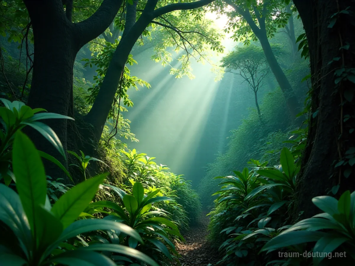 Blick in einen dichten Dschungel mit überwucherter Vegetation und wenig Licht.