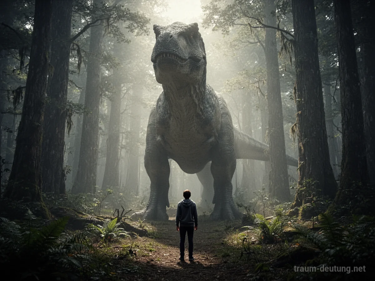 Person steht klein vor einem riesigen Dinosaurier-Schatten in einem nebligen Wald.