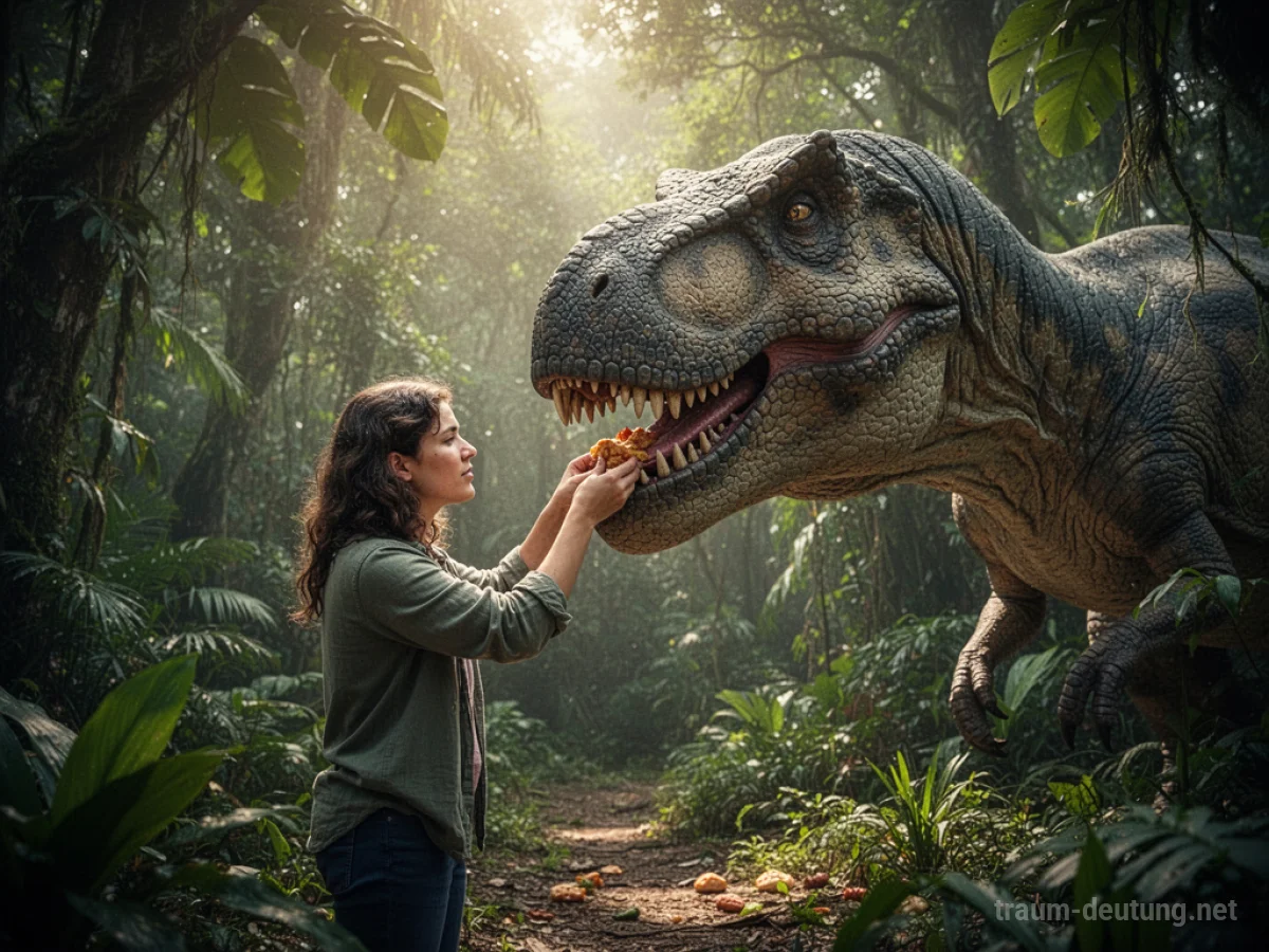 Person füttert einen großen Dinosaurier im Dschungel