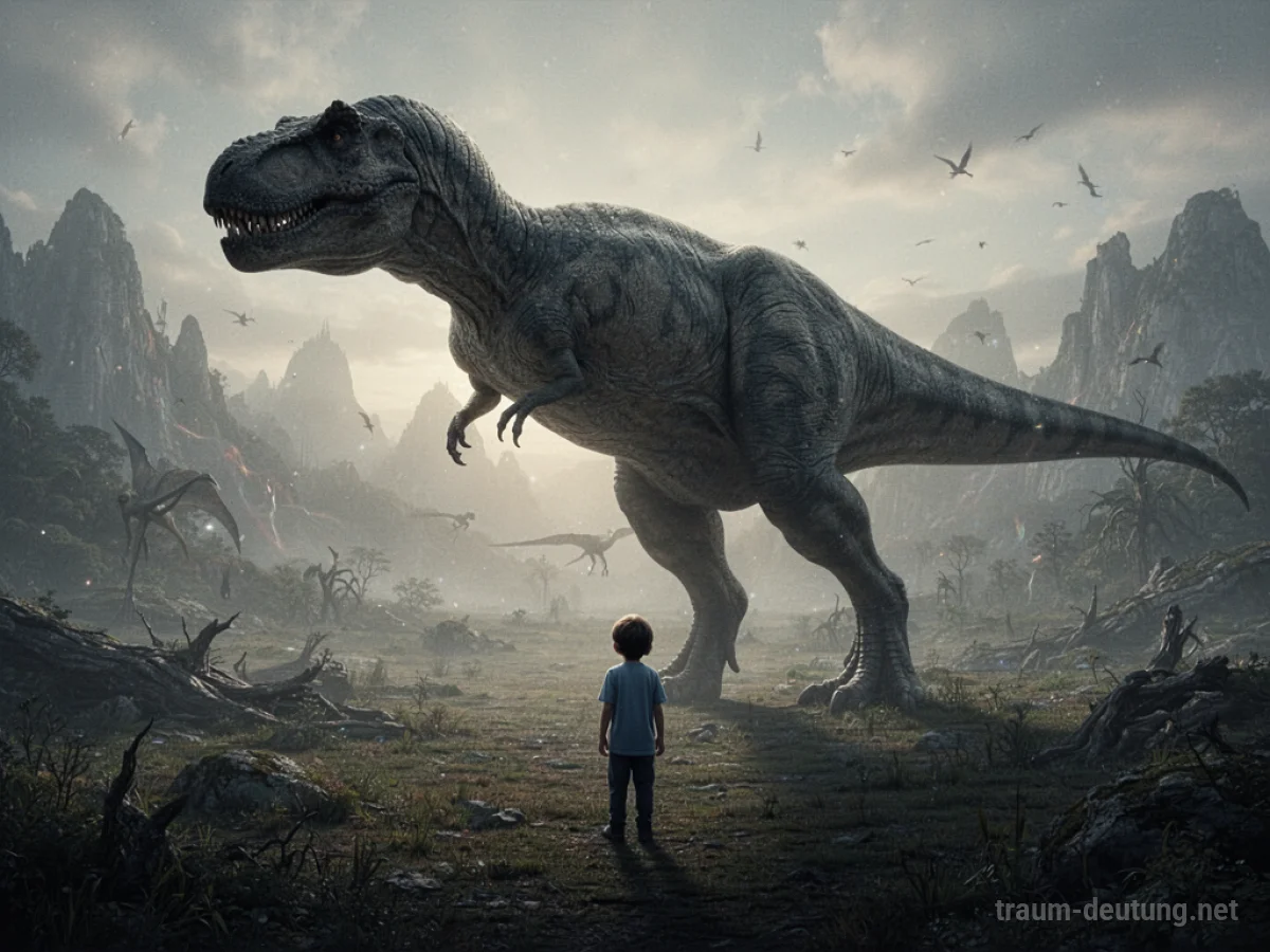 Dinosauriersilhouette bedroht Kindersilhouette in traumhafter Landschaft