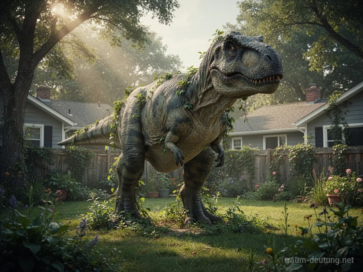 Ein großer Dinosaurier steht in einem üppig bewachsenen Garten.