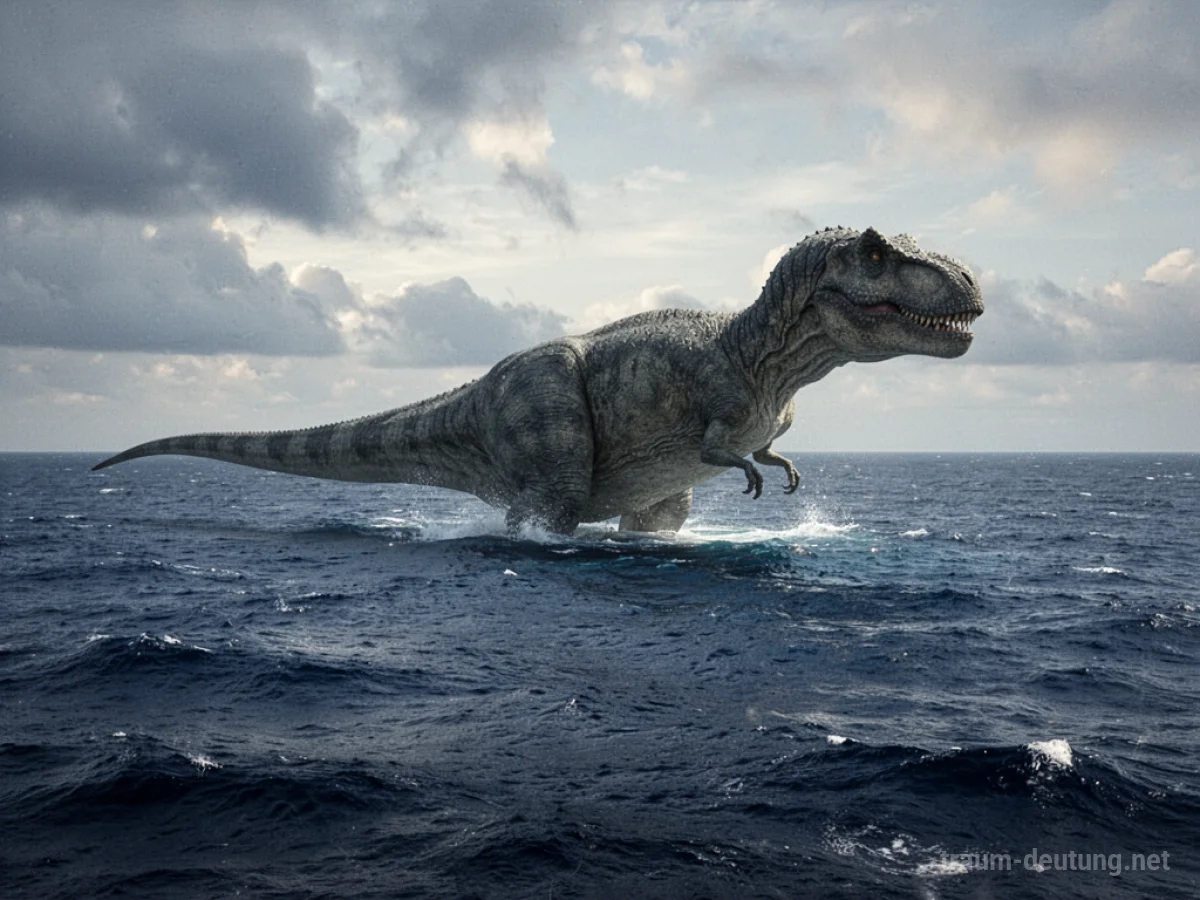 Schatten eines Dinosauriers ragt aus dem Wasser einer tiefen See.