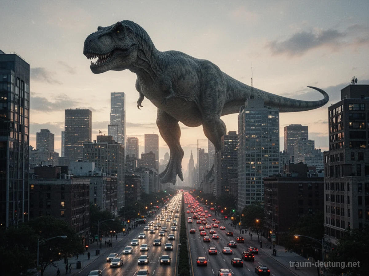 Dinosauriersilhouette ragt über eine Stadt bei Dämmerung