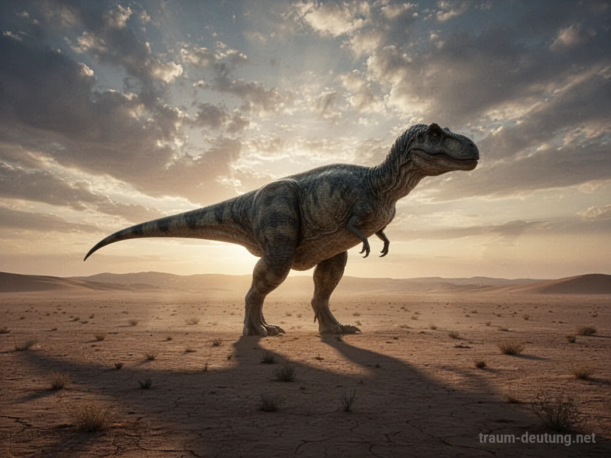 Silhouette eines Dinosauriers in einer weiten Wüstenlandschaft bei Sonnenuntergang