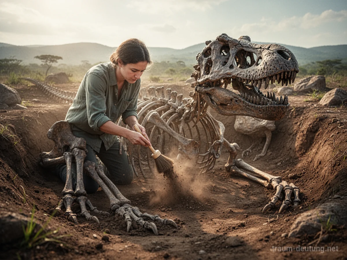 Ausgegrabenes Dinosaurier-Skelett im Boden, von einer Person freigelegt