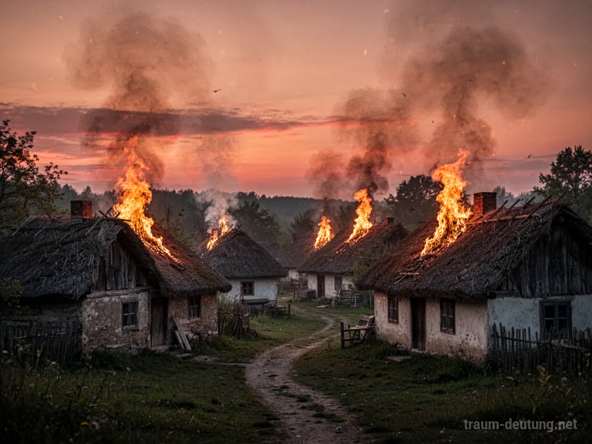 Ein brennendes Dorf bei Sonnenuntergang mit Rauch, der in den Himmel steigt.